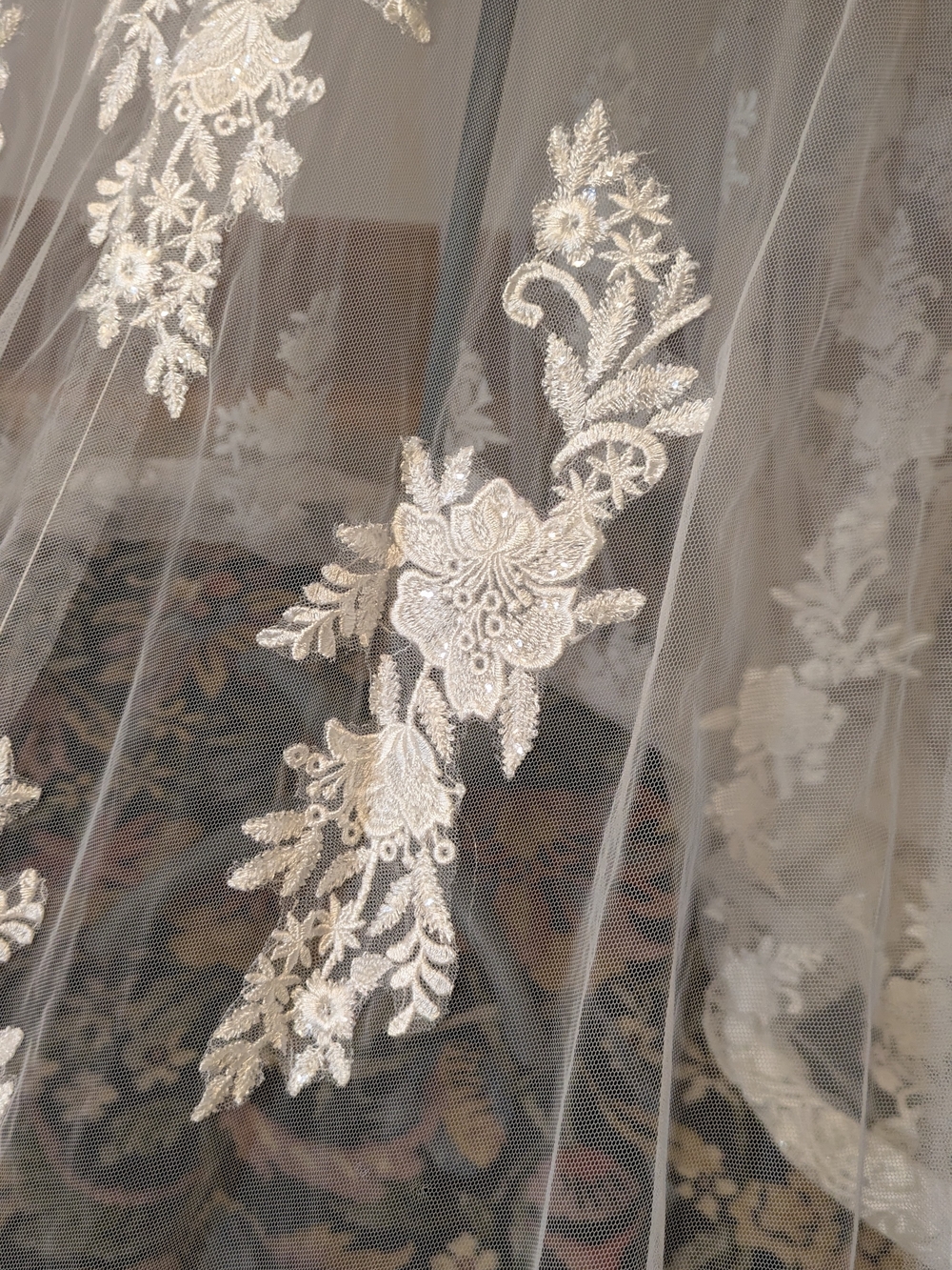 Ivory Beaded Bodice Bridal Overlay with Train and Floral Appliqué - Picture 11 of 12
